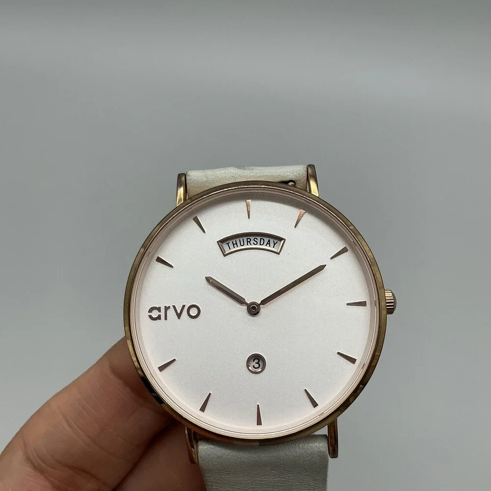 Arvo Mens Watch 40mm White Day Date The Awristacrat Leather Red Gold New Battery